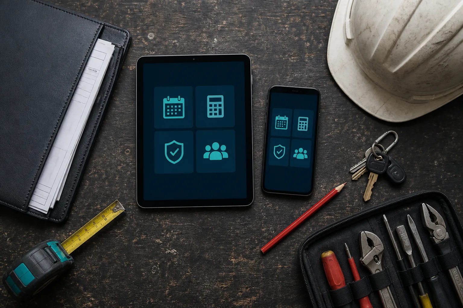 Trade business apps arranged with tools on a workbench