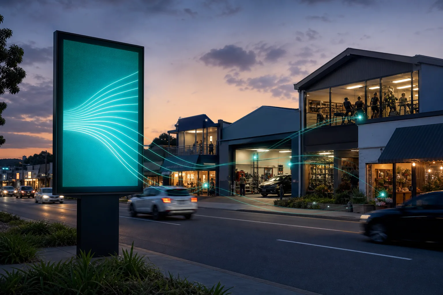 Digital billboard connecting local businesses along an Australian street