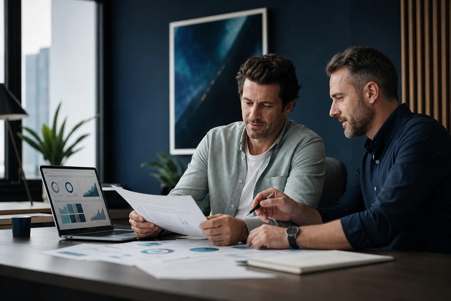 A business owner reviewing digital marketing costs with a marketing strategist