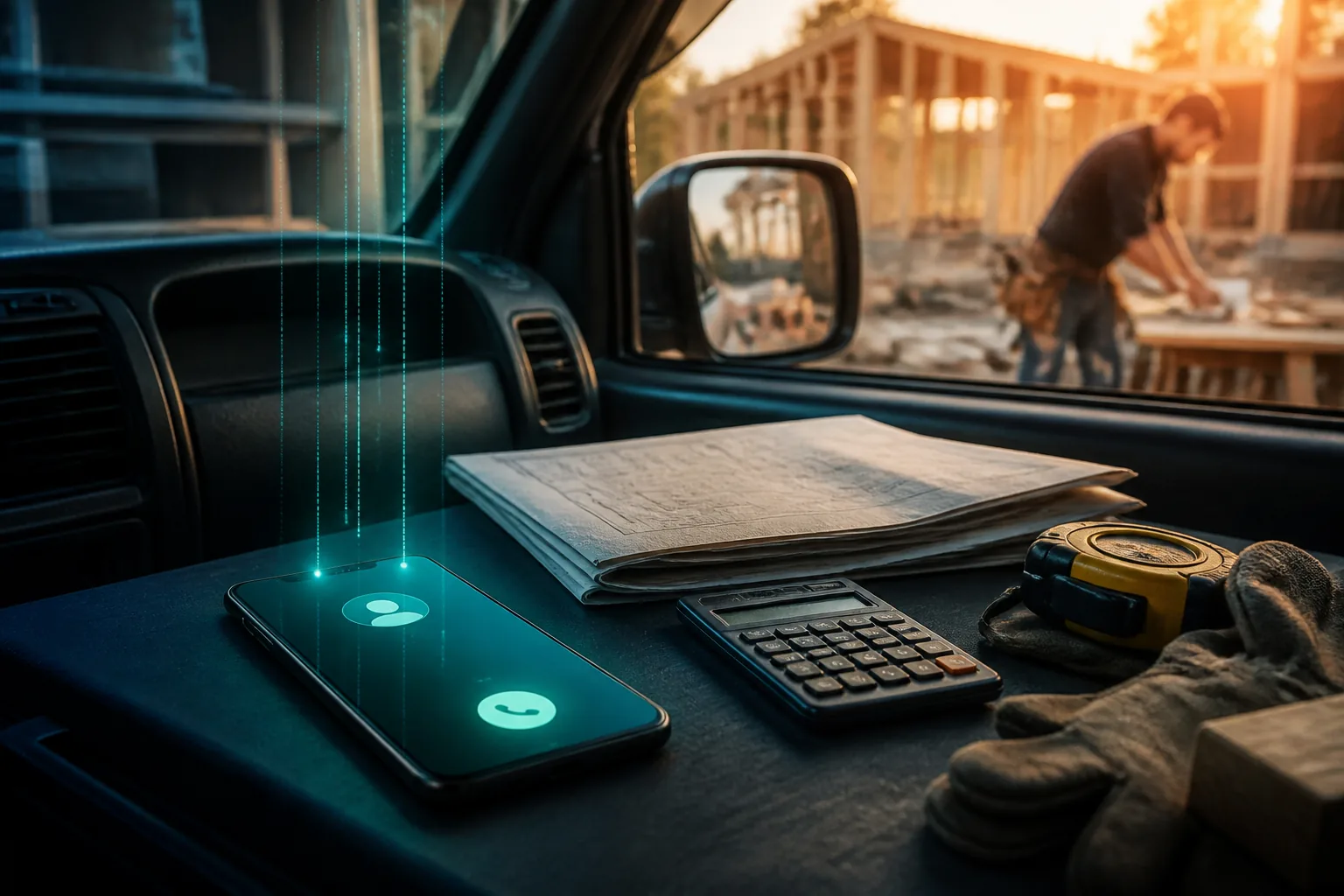 Incoming call beside job plans and tools inside a trade ute
