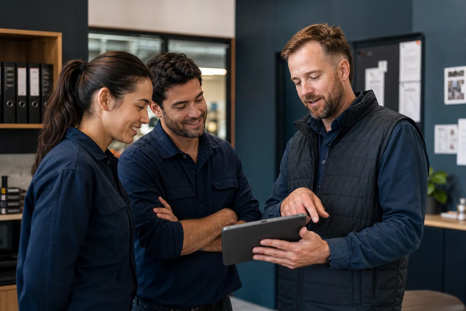 Small trade business team receiving a simple system handover