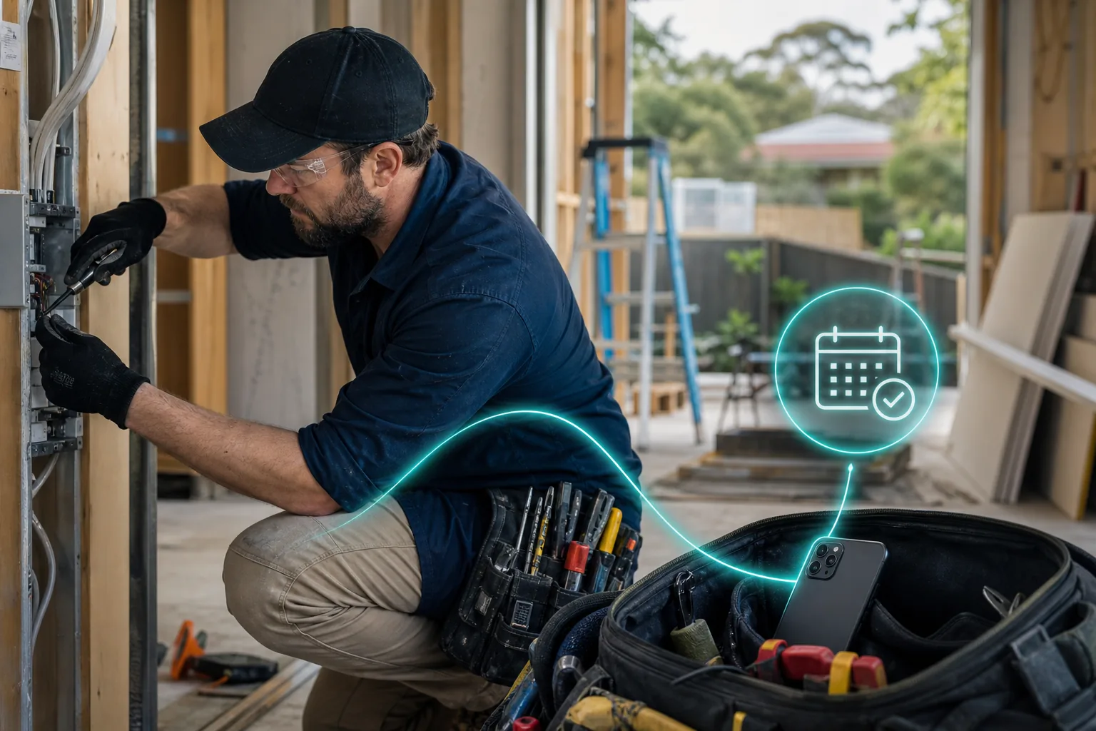 Electrician working while an automated system handles an incoming call